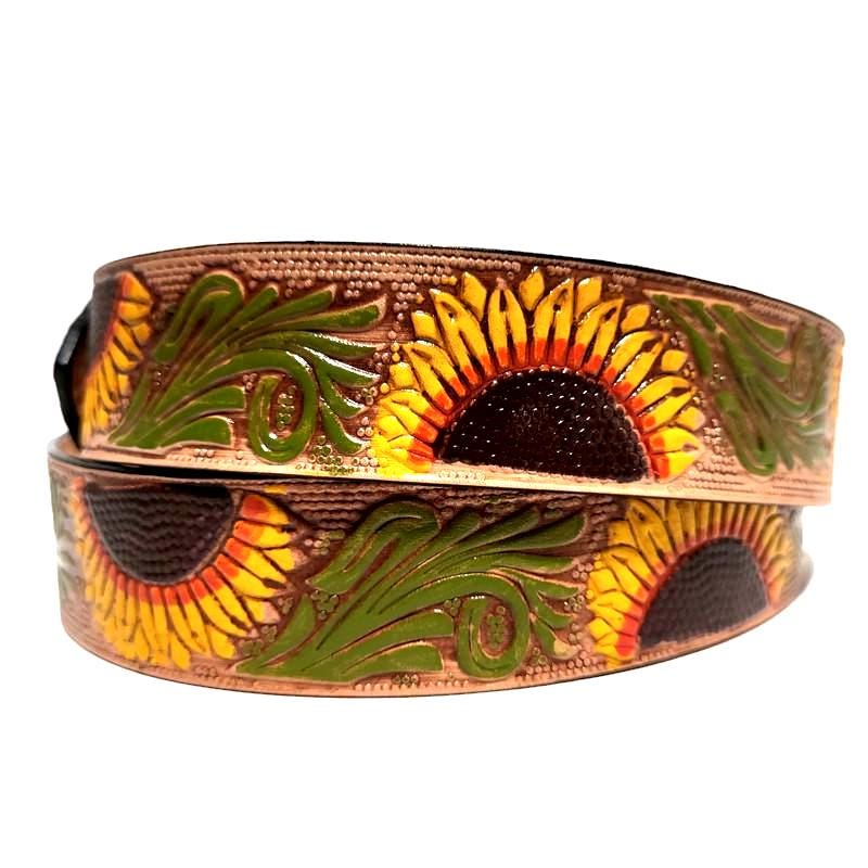 Embossed Sunflower Leather Belt For Women Western Boho Style, Personalized