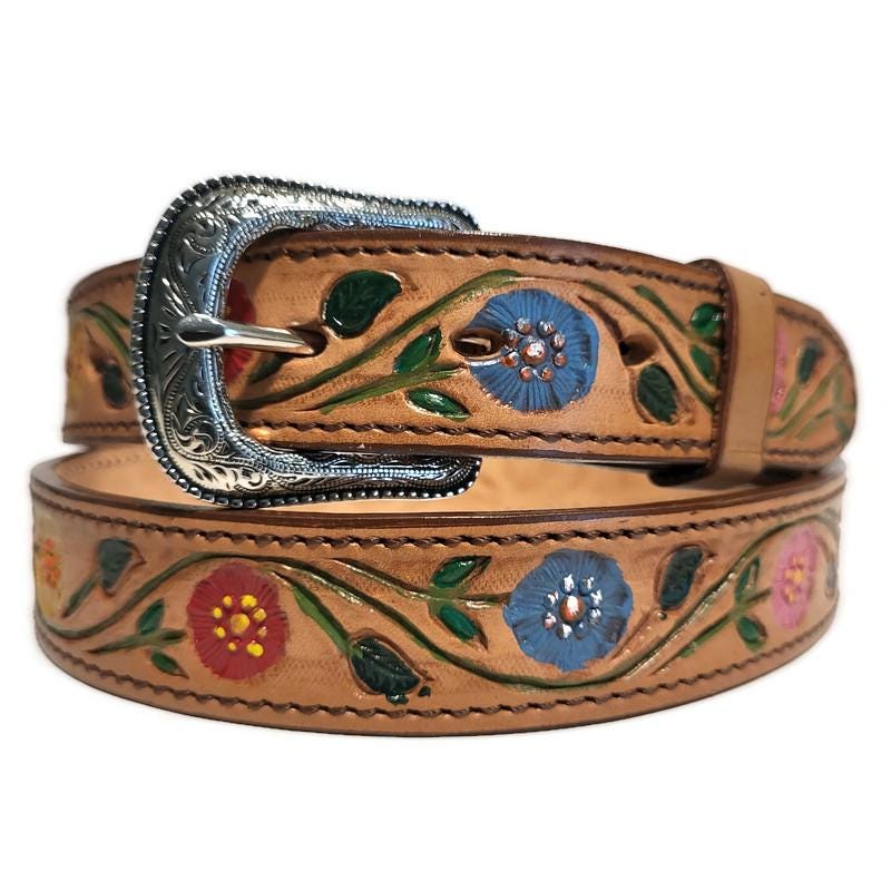 Brown Embossed Floral Leather Belt For Women Boho Bohemian  Rodeo Style