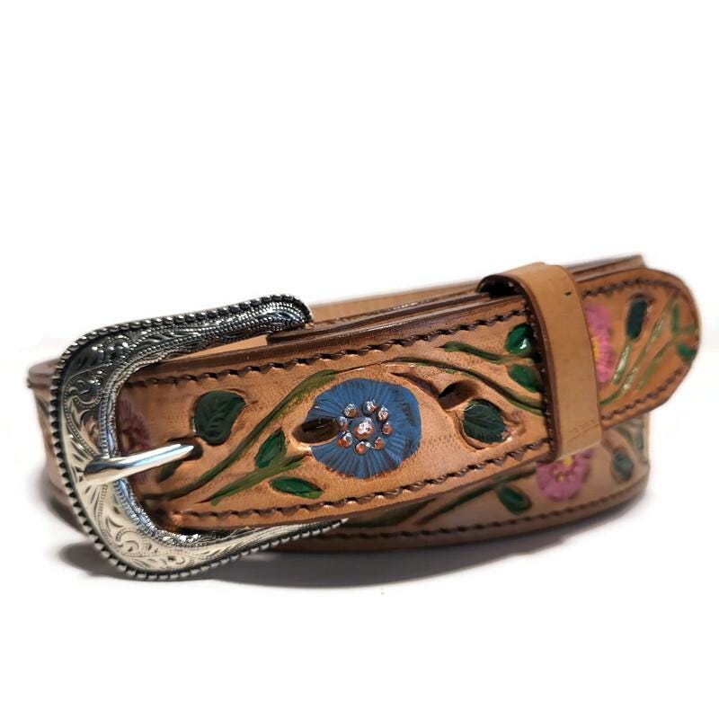 Brown Embossed Floral Leather Belt For Women Boho Bohemian  Rodeo Style