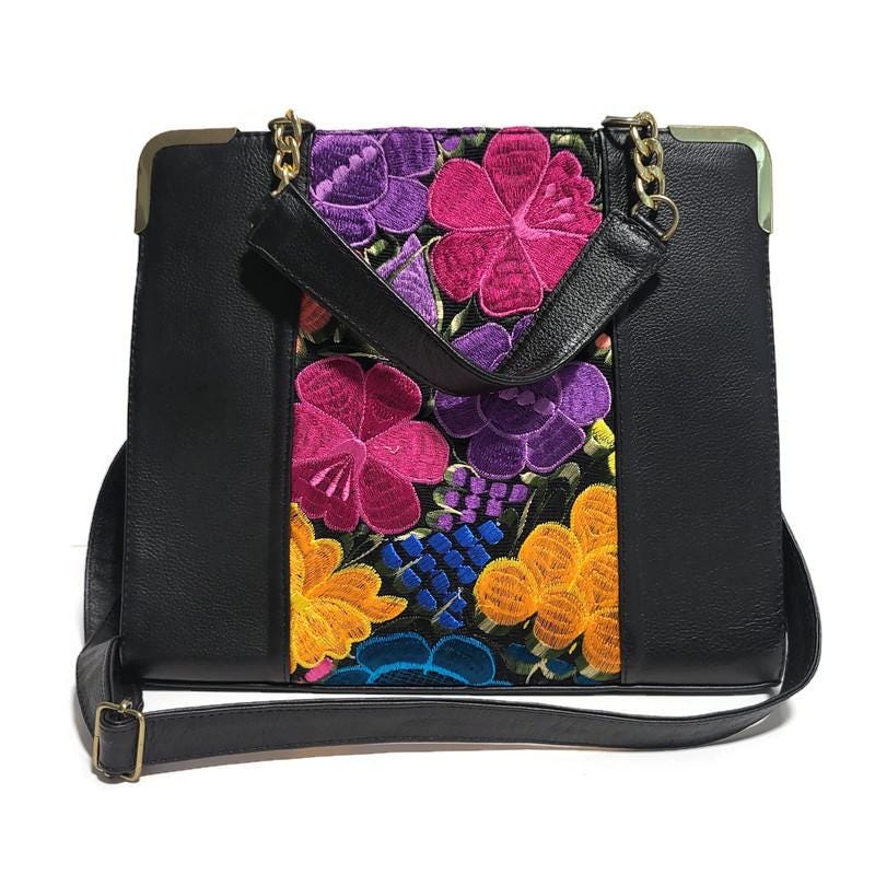 Floral Embroidered Cowhide Leather Crossbody Bag: Handmade Boho Purse