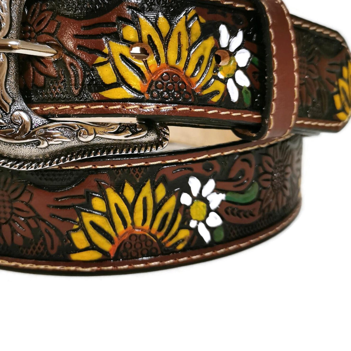 Boho Sunflower Embossed Leather Belt: Removable Buckle, Western Style, Personalized