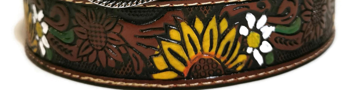 Boho Sunflower Embossed Leather Belt: Removable Buckle, Western Style, Personalized