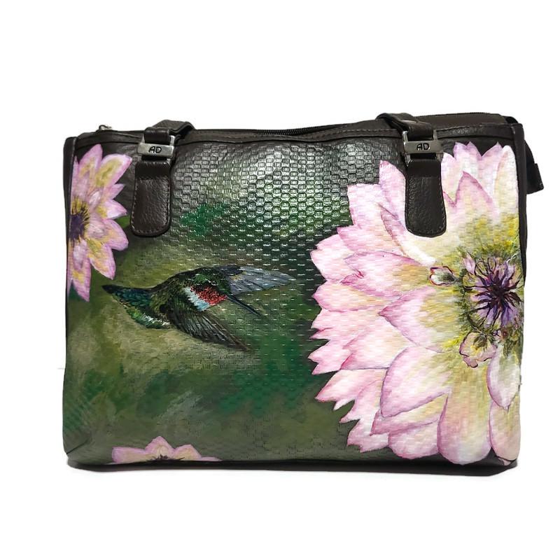 Hand-Painted Leather Shoulder Bag: Hummingbird Floral Design