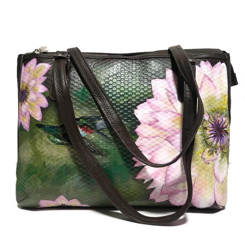 Hand-Painted Leather Shoulder Bag: Hummingbird Floral Design