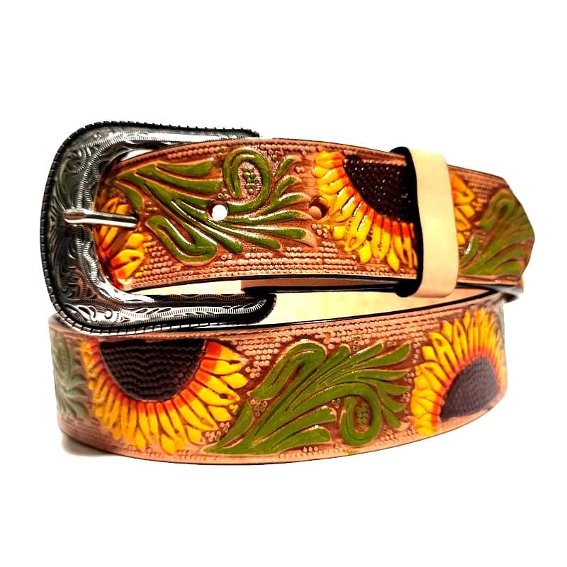 Embossed Sunflower Leather Belt For Women Western Boho Style