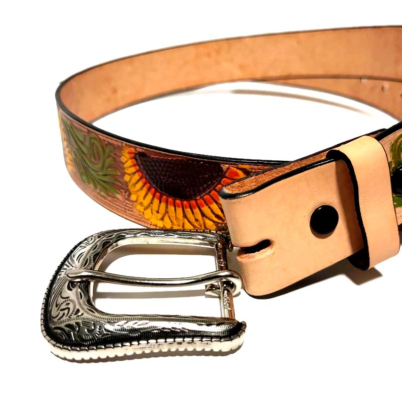 Embossed Sunflower Leather Belt For Women Western Boho Style, Personalized