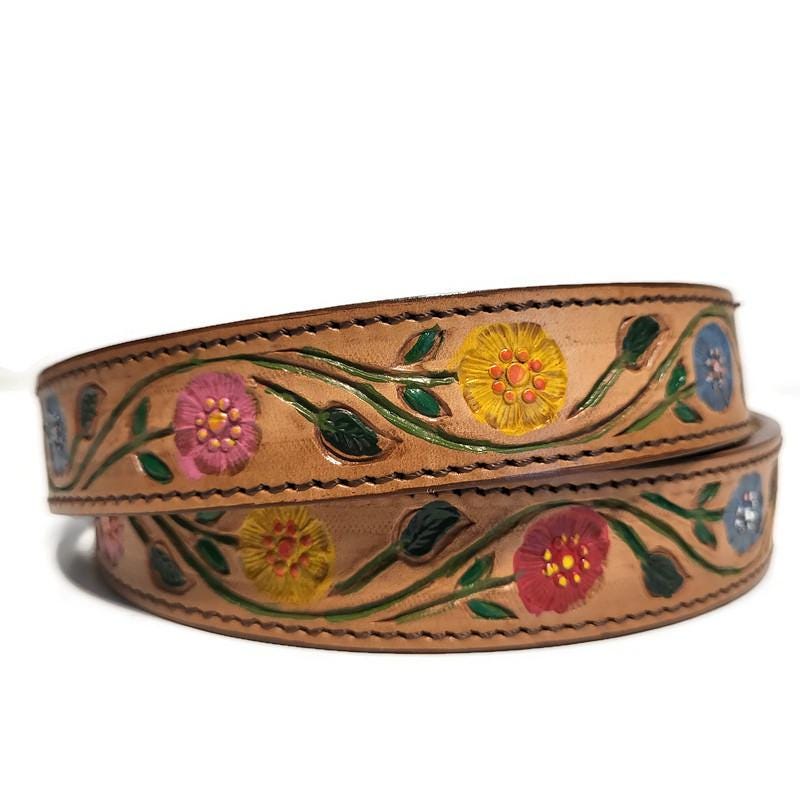 Brown Embossed Floral Leather Belt For Women Boho Bohemian  Rodeo Style