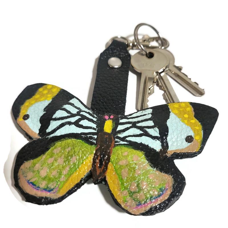 Butterfly leather keychain, Bag charm, Hand-painted,  Gift for her, Cowhide