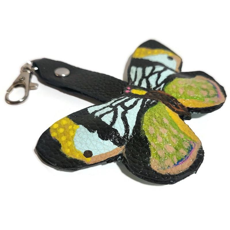 Butterfly leather keychain, Bag charm, Hand-painted,  Gift for her, Cowhide