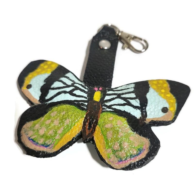 Butterfly leather keychain, Bag charm, Hand-painted,  Gift for her, Cowhide