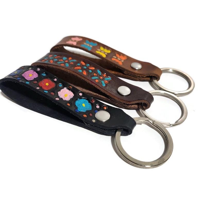 Brown Leather Keychain, Handcrafted , Hand tooled leather,
