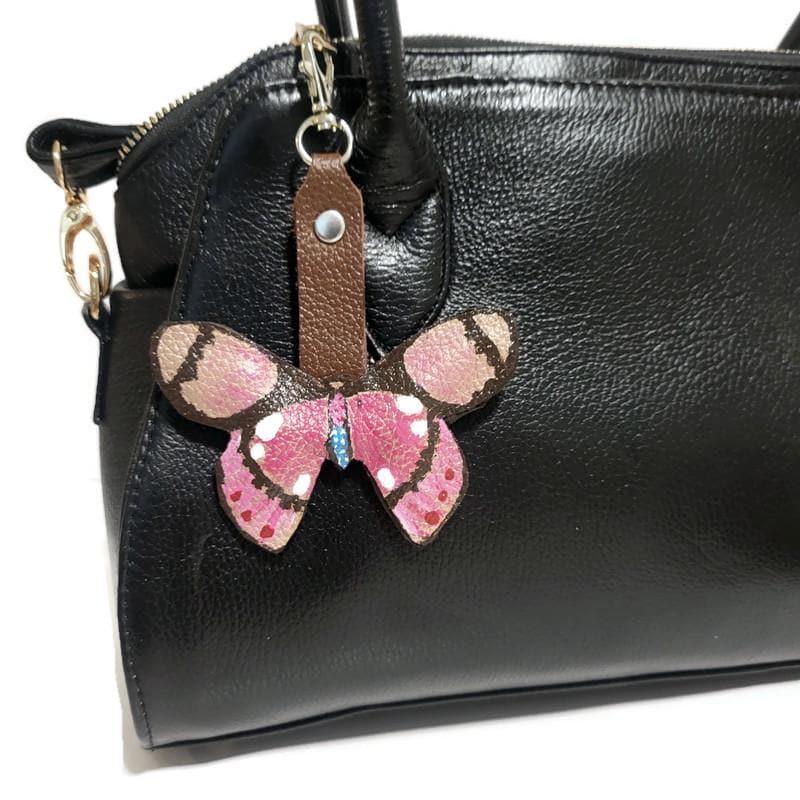Butterfly Leather keychain, pink bag charm, Cowhide, Gift for Her