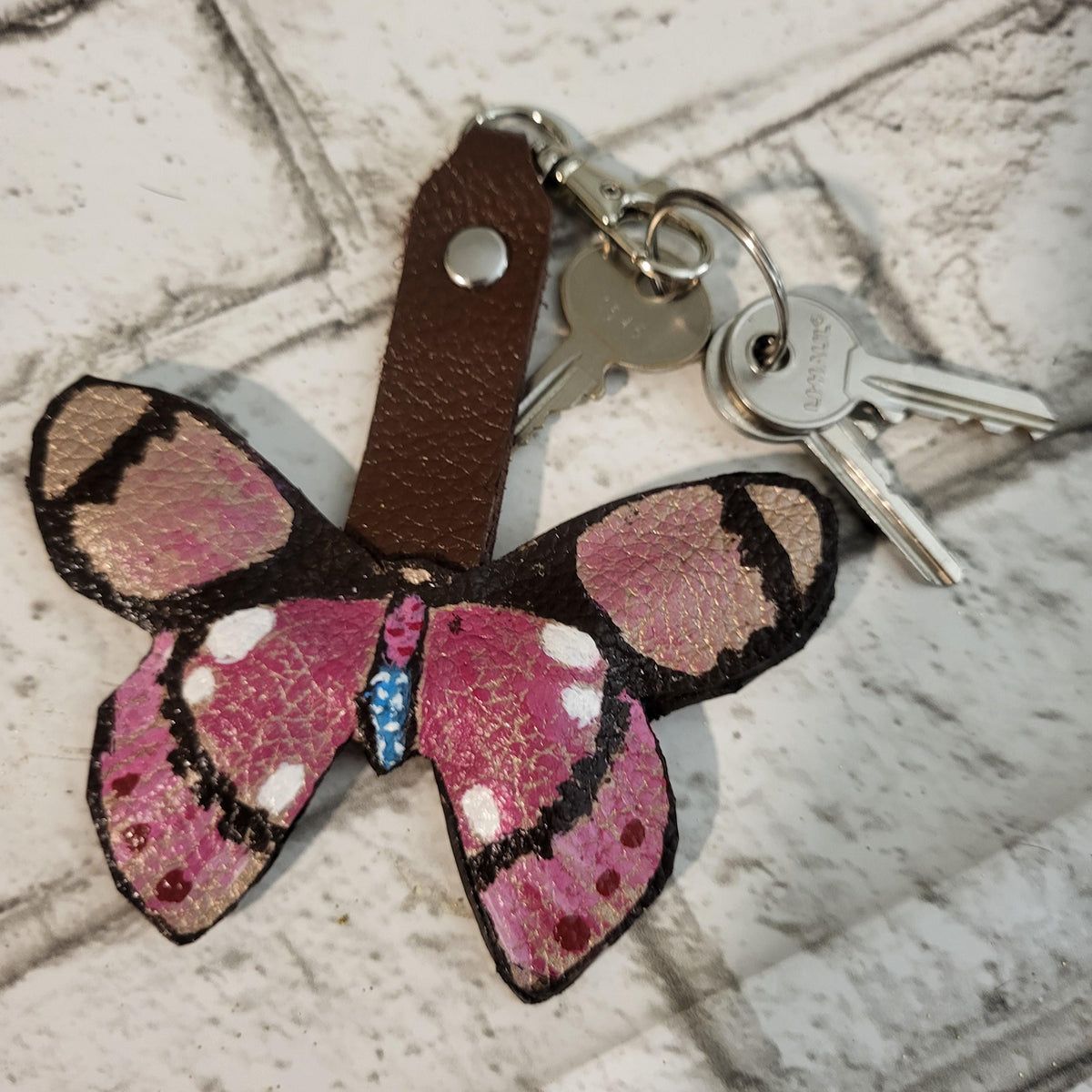 Butterfly Leather keychain, pink bag charm, Cowhide, Gift for Her
