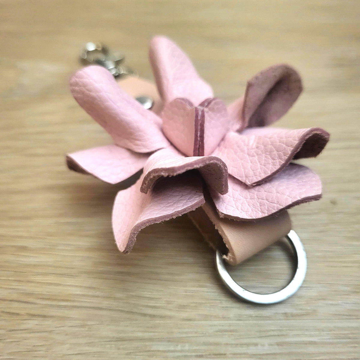 Pink Leather Rose Keychain – Personalized Unique Handmade Flower Charm for Keys &amp; Bags