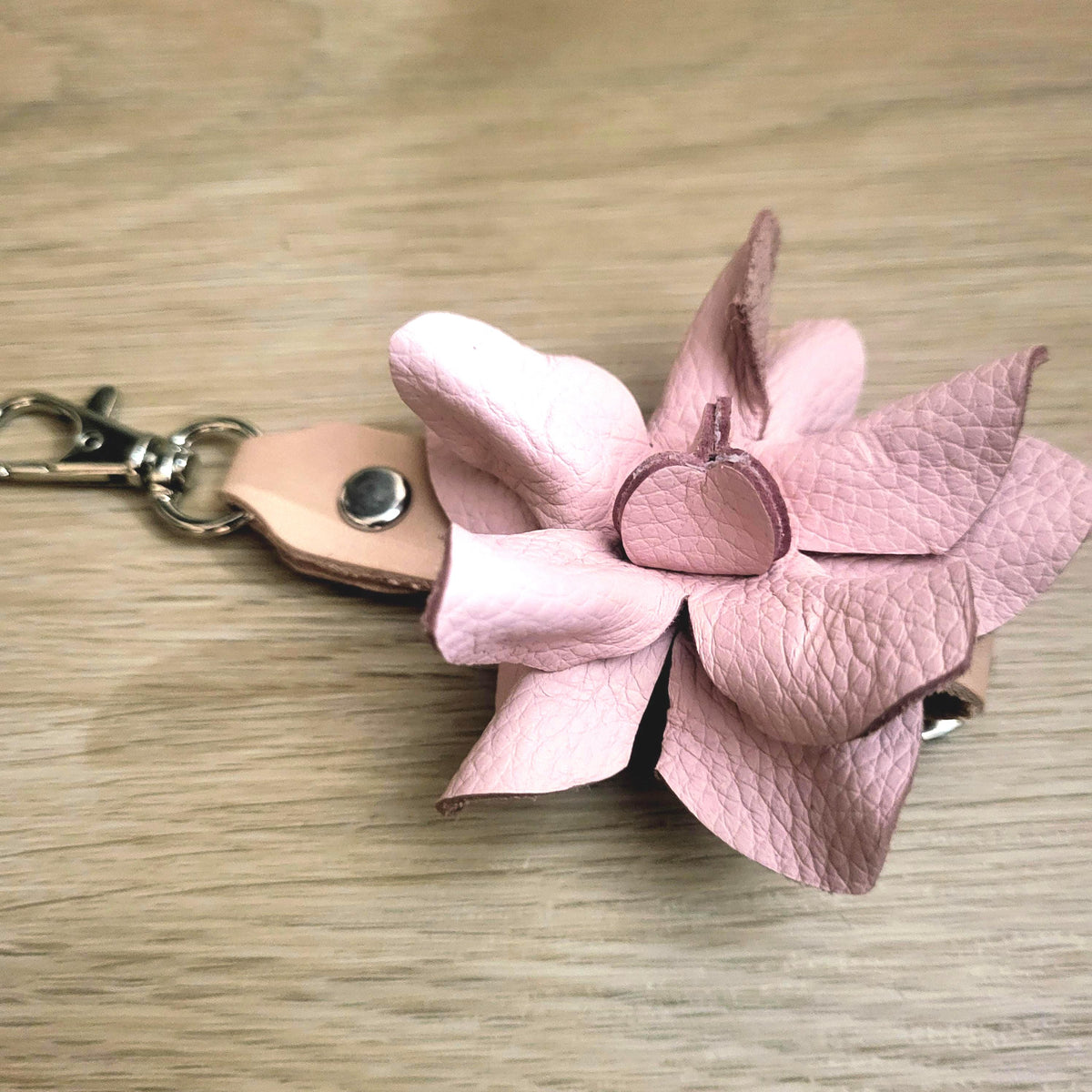 Pink Leather Rose Keychain – Personalized Unique Handmade Flower Charm for Keys &amp; Bags
