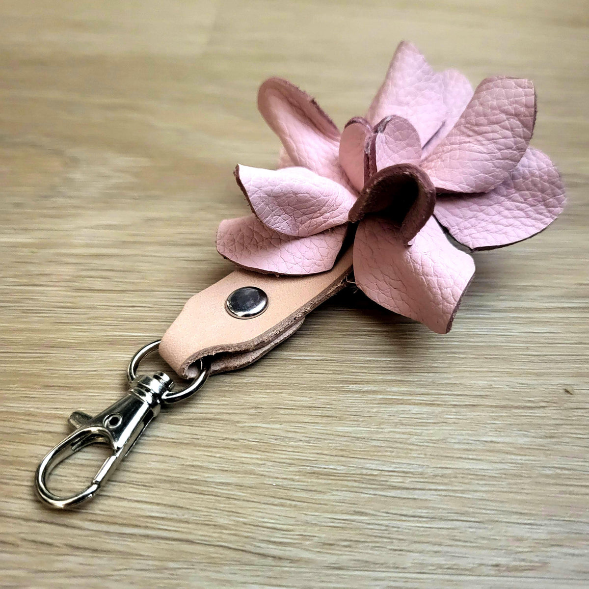 Pink Leather Rose Keychain – Personalized Unique Handmade Flower Charm for Keys &amp; Bags