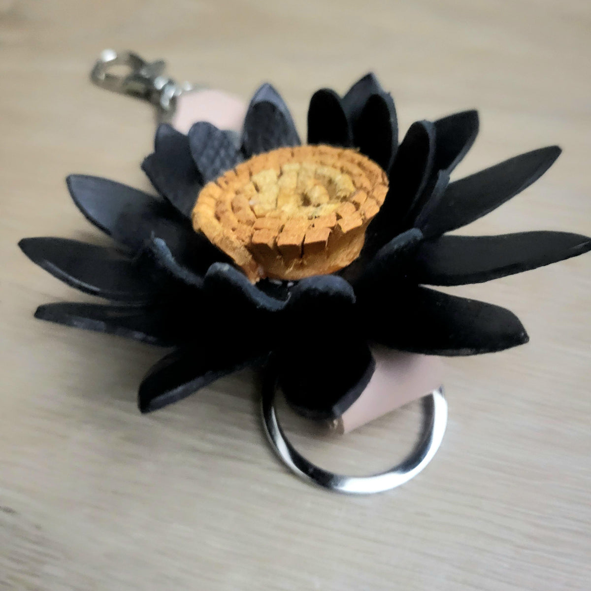 Sunflower Leather Keychain, Black Floral Bag Charm with Metal Ring, Personalized
