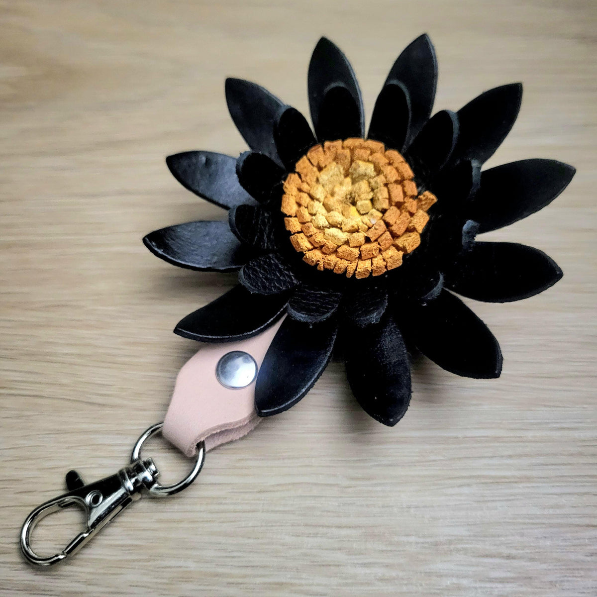 Sunflower Leather Keychain, Black Floral Bag Charm with Metal Ring, Personalized