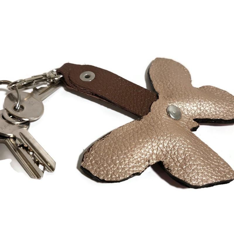 Butterfly Leather keychain, pink bag charm, Cowhide, Gift for Her