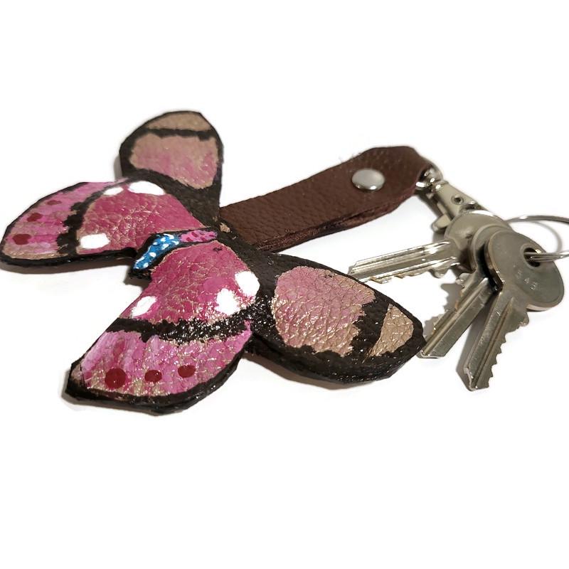 Butterfly Leather keychain, pink bag charm, Cowhide, Gift for Her