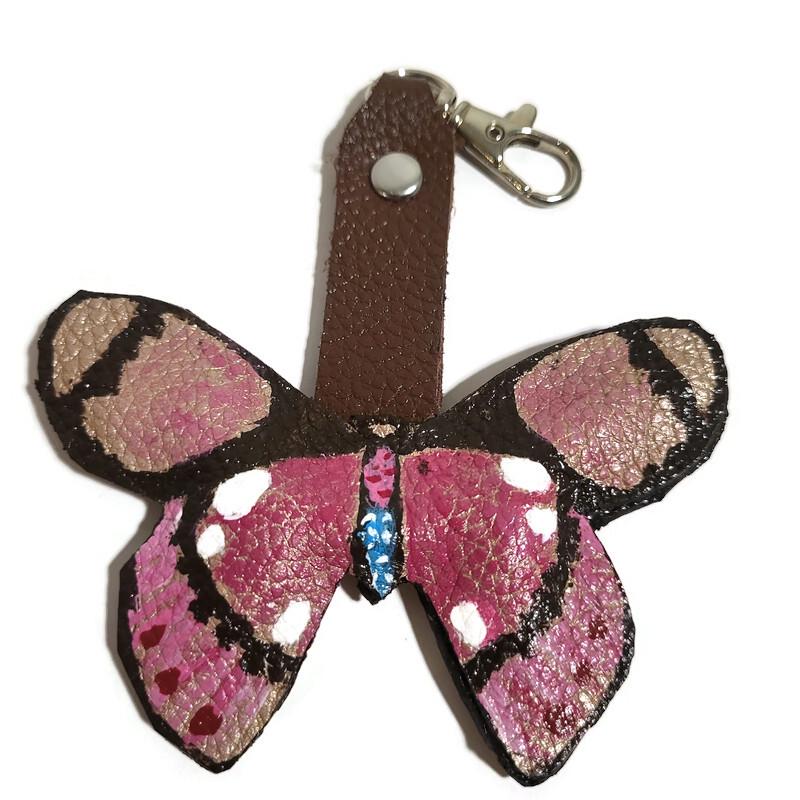 Butterfly Leather keychain, pink bag charm, Cowhide, Gift for Her