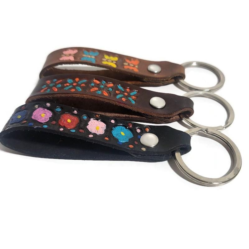 Brown Leather Keychain, Handcrafted , Hand tooled leather,