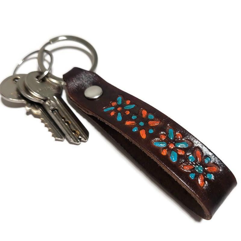 Brown Leather Keychain, Handcrafted , Hand tooled leather,