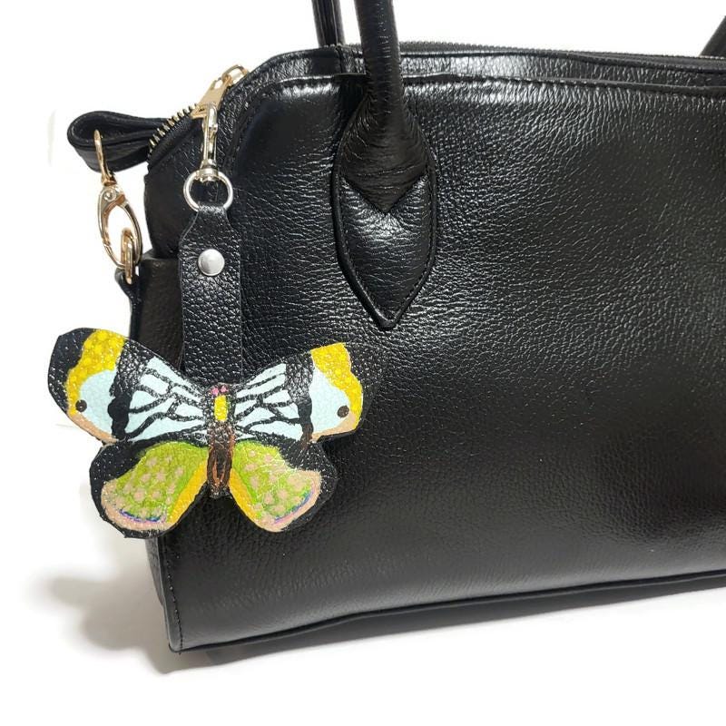 Butterfly leather keychain, Bag charm, Hand-painted,  Gift for her, Cowhide