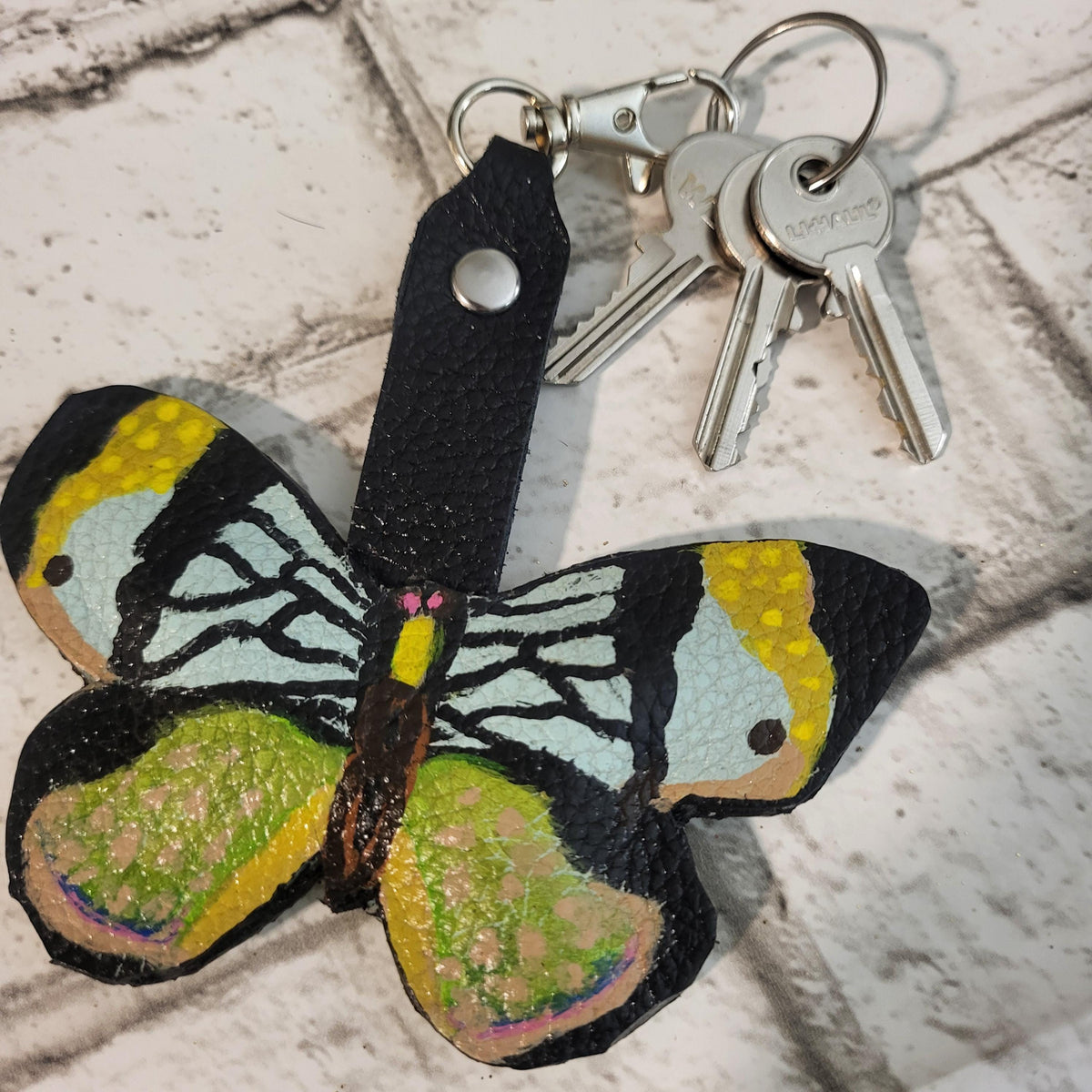 Butterfly leather keychain, Bag charm, Hand-painted,  Gift for her, Cowhide