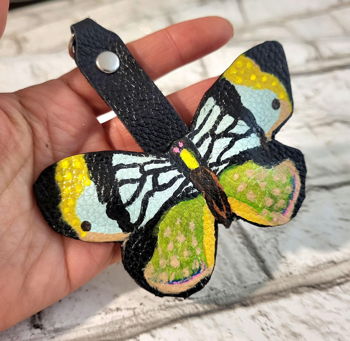 Butterfly leather keychain, Bag charm, Hand-painted,  Gift for her, Cowhide