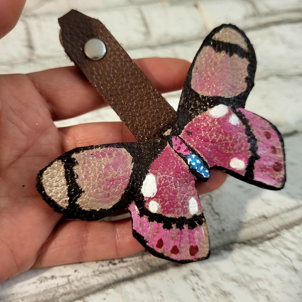 Butterfly Leather keychain, pink bag charm, Cowhide, Gift for Her