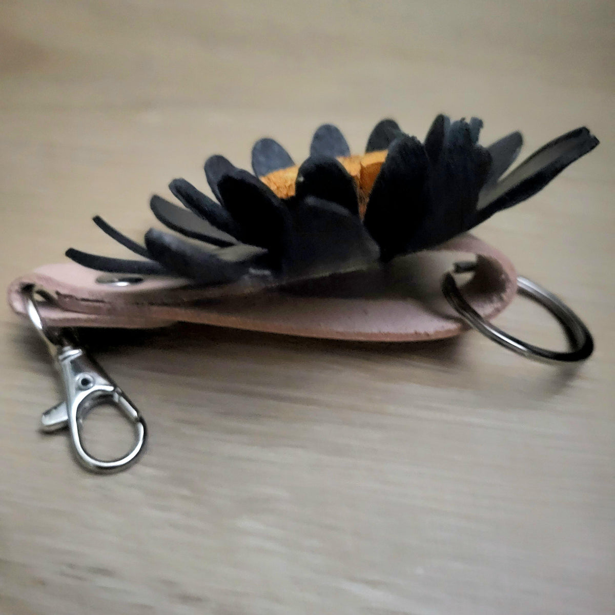 Sunflower Leather Keychain, Black Floral Bag Charm with Metal Ring, Personalized