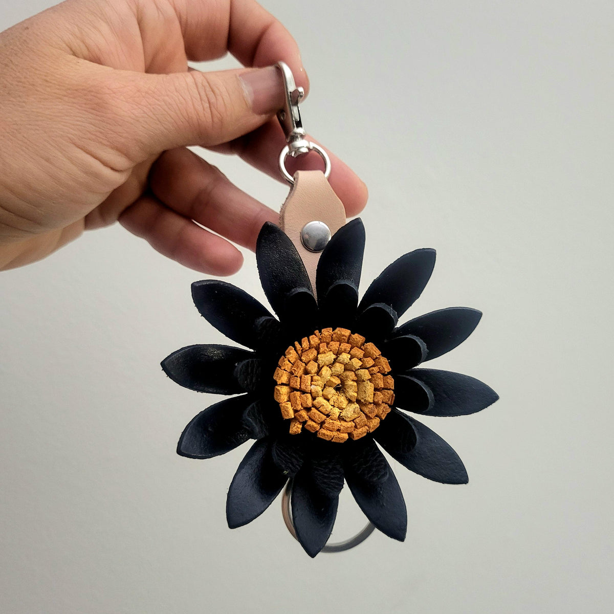 Sunflower Leather Keychain, Black Floral Bag Charm with Metal Ring, Personalized