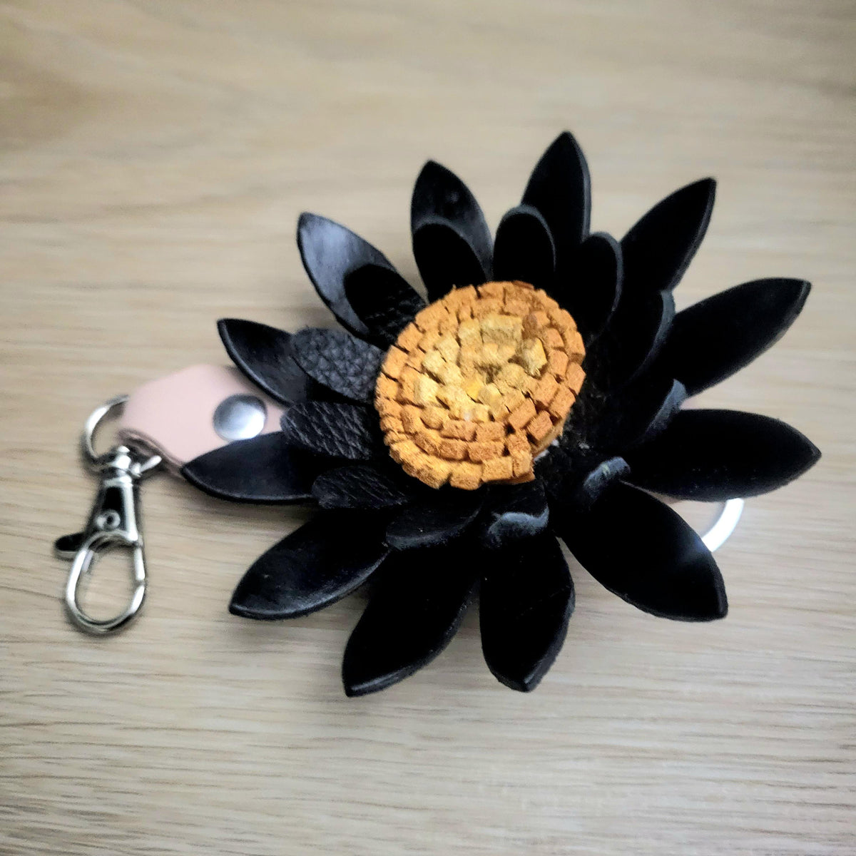 Sunflower Leather Keychain, Black Floral Bag Charm with Metal Ring, Personalized