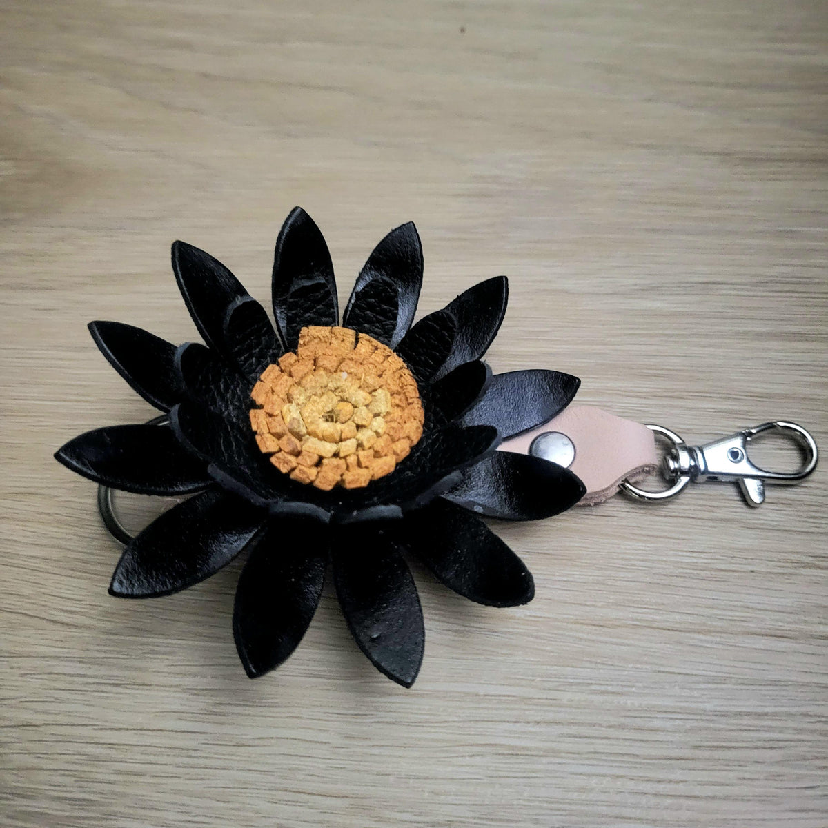 Sunflower Leather Keychain, Black Floral Bag Charm with Metal Ring, Personalized