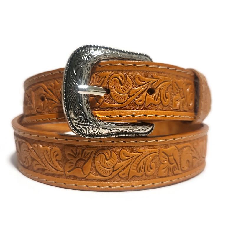Personalized Tan Leather Belt for Kids Embossed Floral Design Boho Bohemian