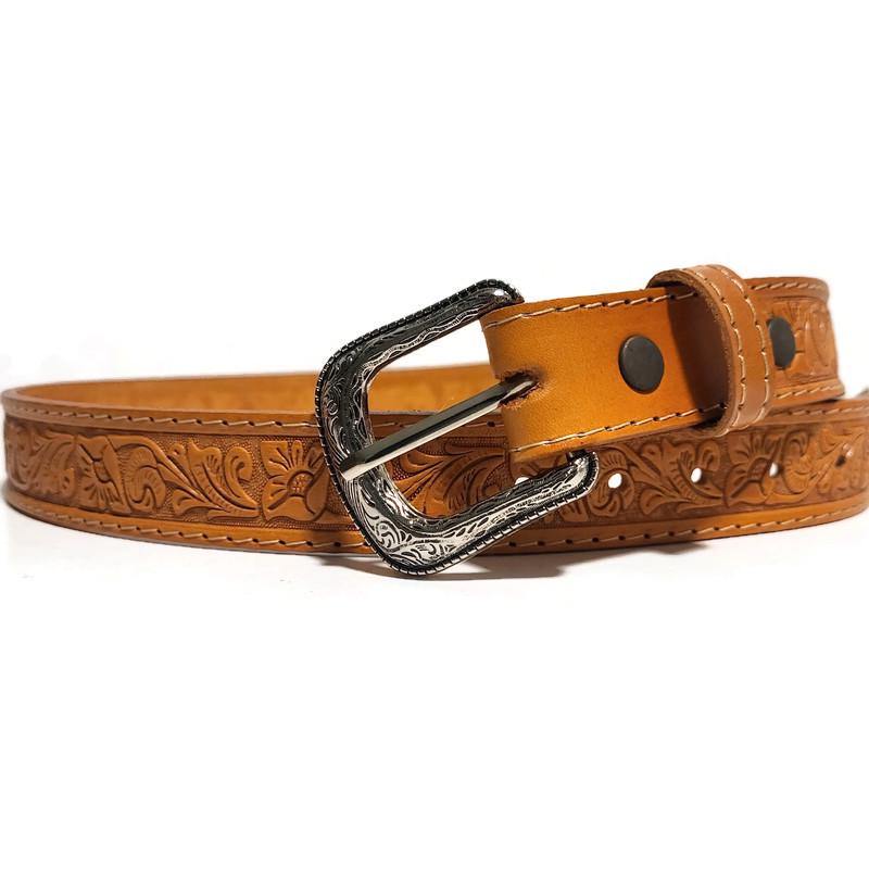 Personalized Tan Leather Belt for Kids Embossed Floral Design Boho Bohemian