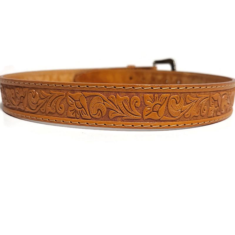 Personalized Tan Leather Belt for Kids Embossed Floral Design Boho Bohemian