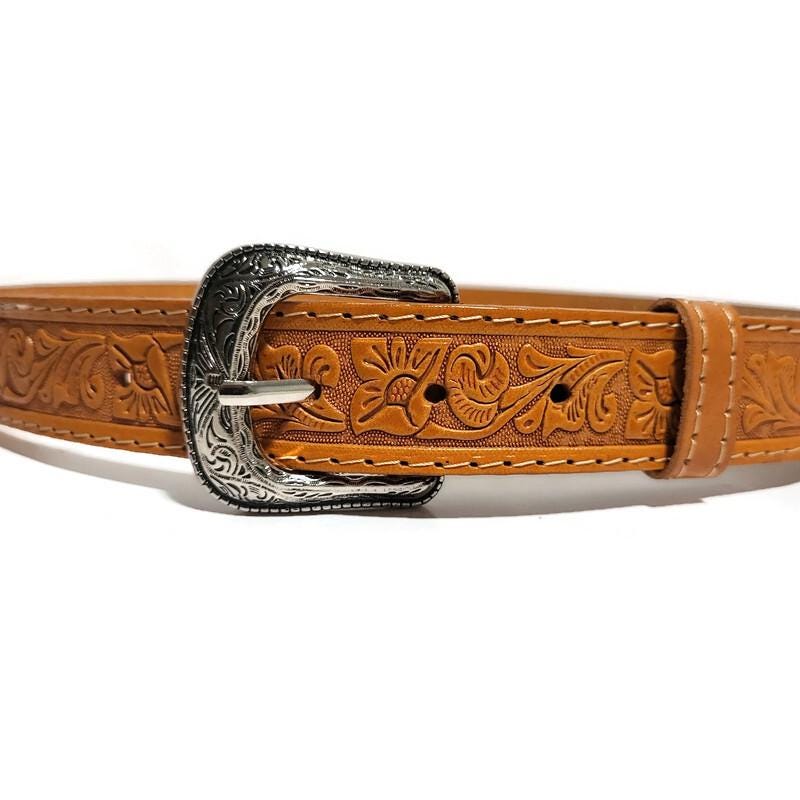 Personalized Tan Leather Belt for Kids Embossed Floral Design Boho Bohemian