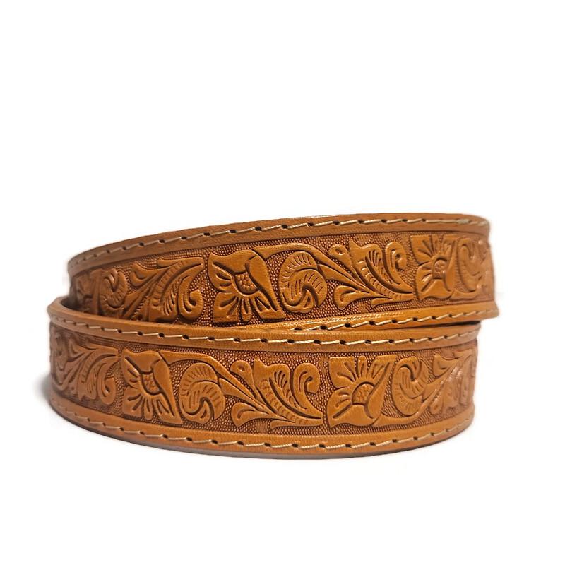 Personalized Tan Leather Belt for Kids Embossed Floral Design Boho Bohemian