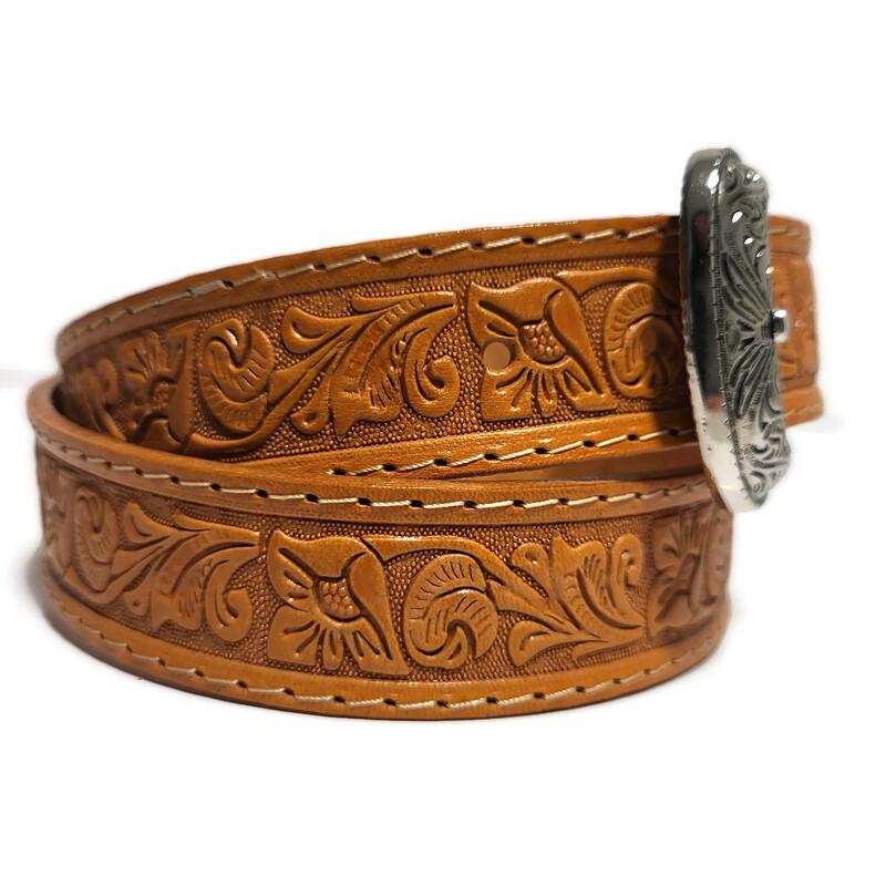 Personalized Tan Leather Belt for Kids Embossed Floral Design Boho Bohemian