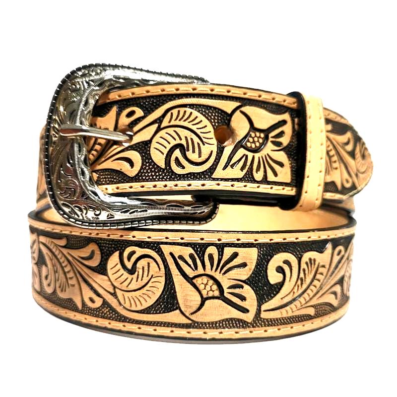 Brown Leather Belt for Women Floral Embosed Boho Rodeo Bohemian