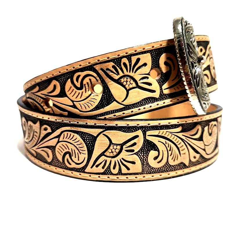 Brown Leather Belt for Women Floral Embosed Boho Rodeo Bohemian