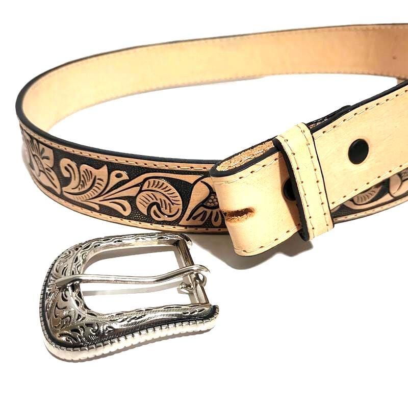 Brown Leather Belt for Women Floral Embosed Boho Rodeo Bohemian