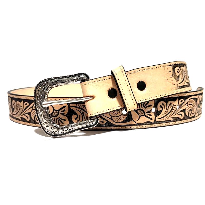 Brown Leather Belt for Women Floral Embosed Boho Rodeo Bohemian