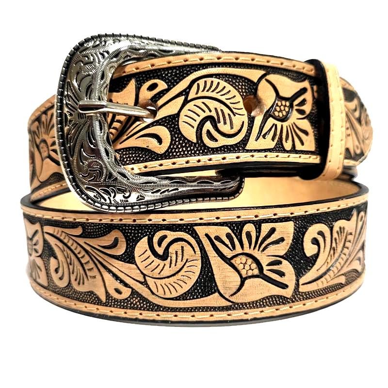 Brown Leather Belt for Women Floral Embosed Boho Rodeo Bohemian