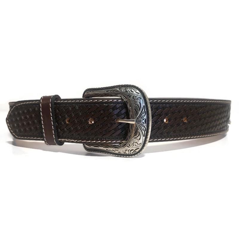 Embossed Leather Belt for Men Cowboy Brown Rodeo Rustic Western Belt