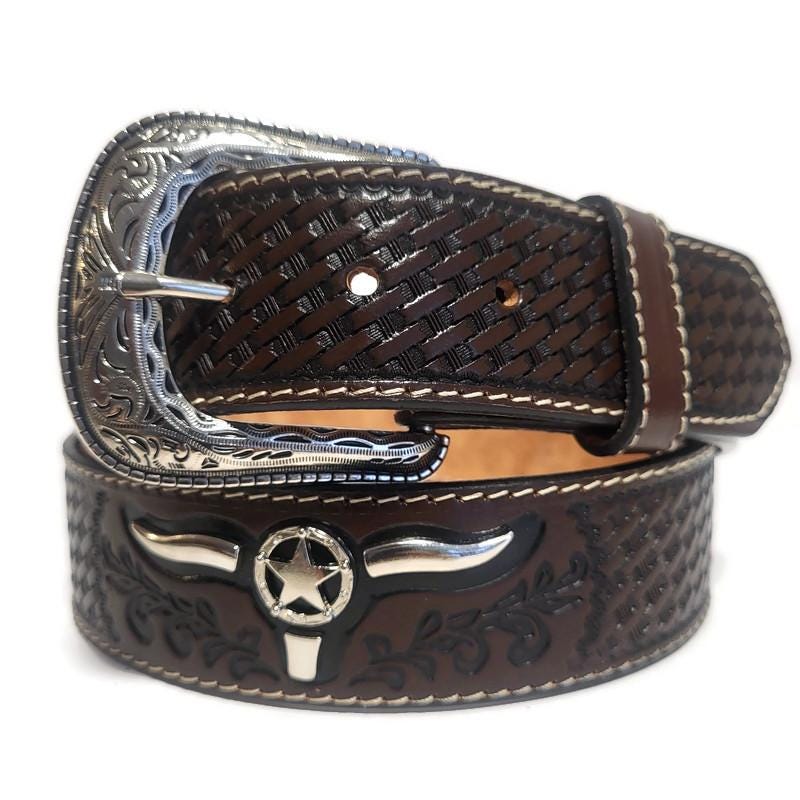 Embossed Leather Belt for Men Cowboy Brown Rodeo Rustic Western Belt
