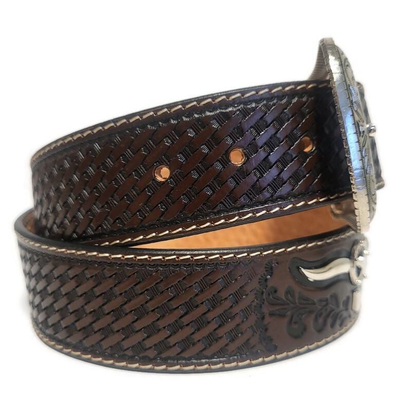 Embossed Leather Belt for Men Cowboy Brown Rodeo Rustic Western Belt