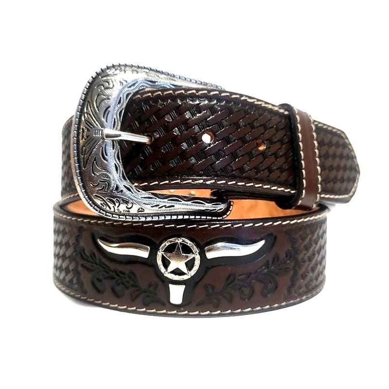 Embossed Leather Belt for Men Cowboy Brown Rodeo Rustic Western Belt